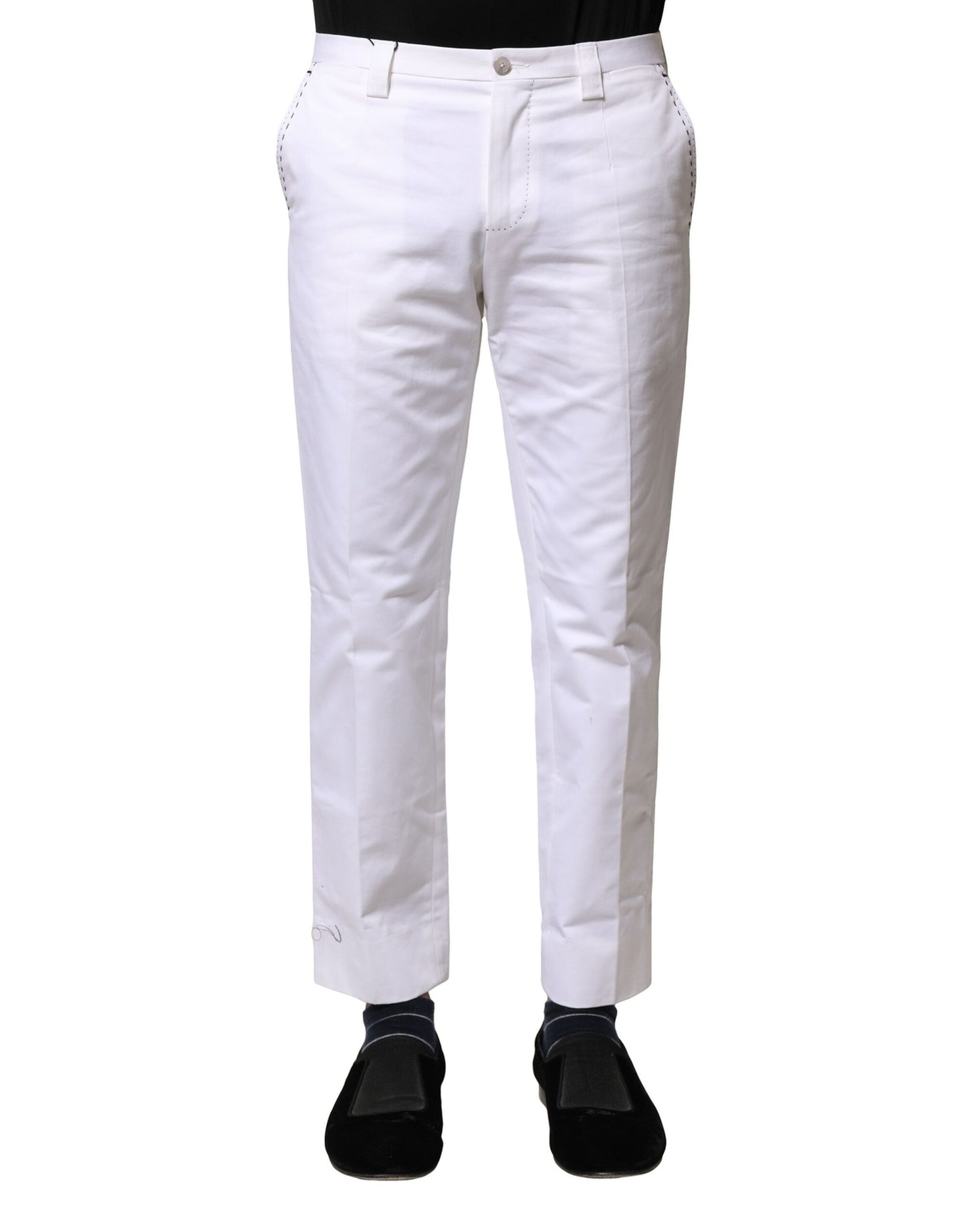 White Cotton Straight Logo Men Pants-Dolce & Gabbana-LabelTerrace.com