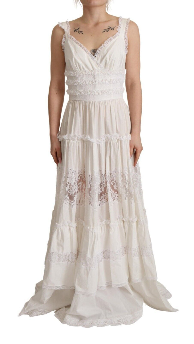 White Cotton Tiered Long Maxi A-line Dress-Dolce & Gabbana-LabelTerrace.com