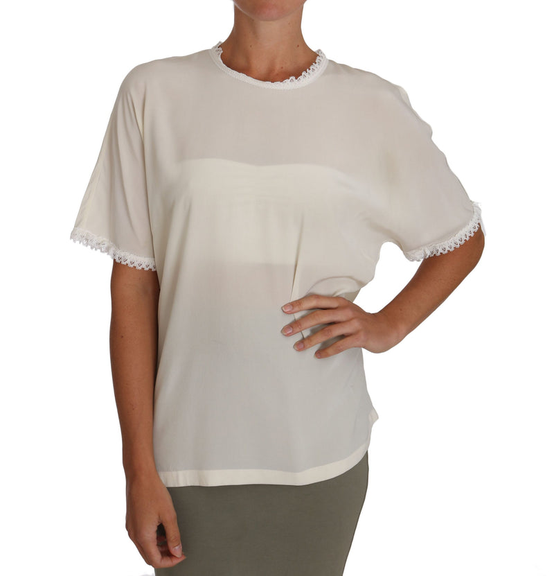 White Cream Silk Lace Top Blouse T-Shirt-Dolce & Gabbana-LabelTerrace.com