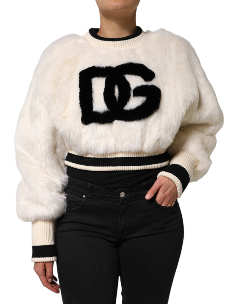 White Cropped Faux Fur DG Sweatshirt Sweater-Dolce & Gabbana-LabelTerrace.com