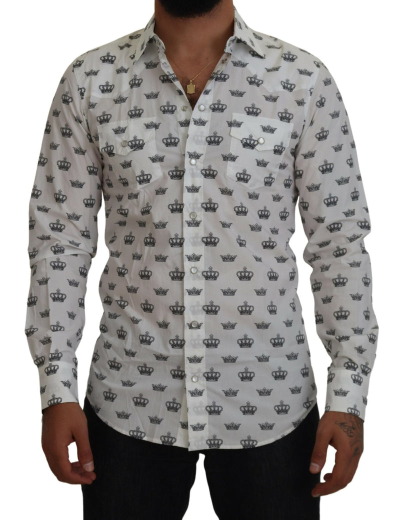 White Crown Print Slim Fit Cotton Shirt-Dolce & Gabbana-LabelTerrace.com