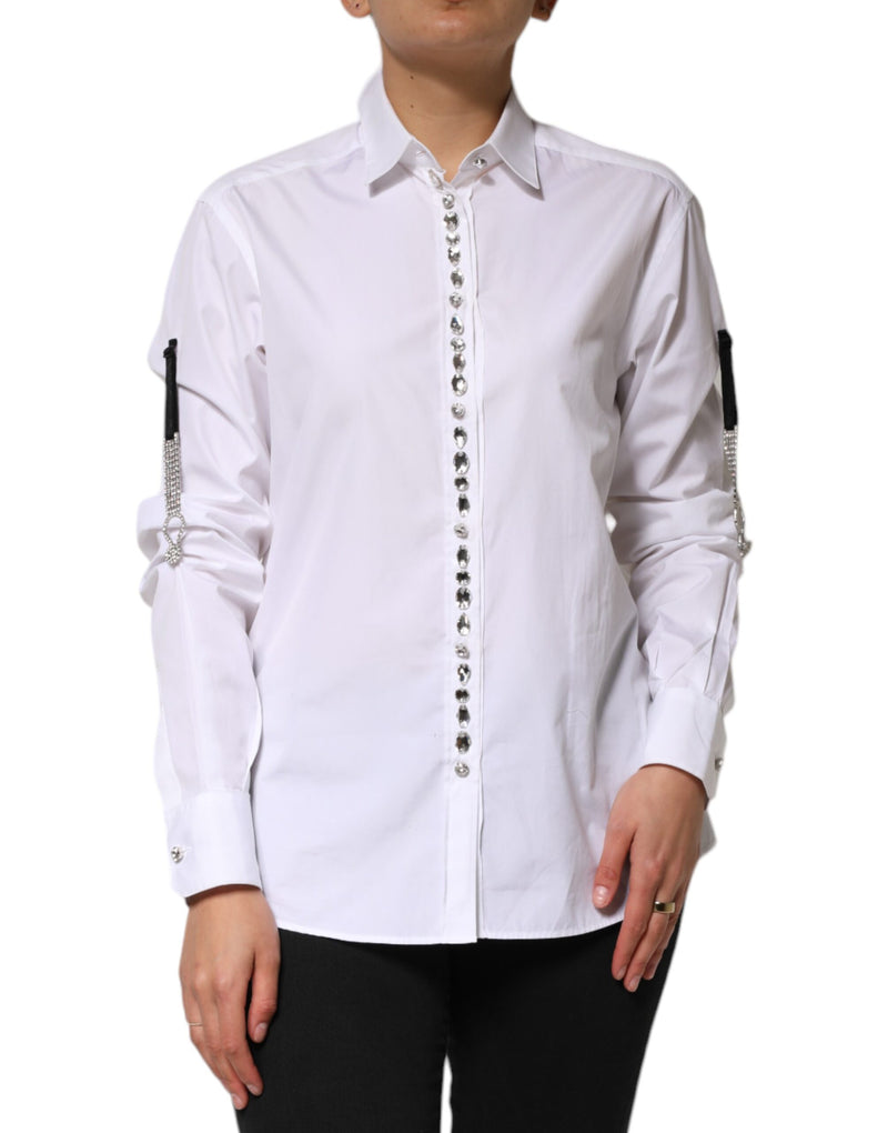 White Crystal Embellished Collared Shirt Top-Dolce & Gabbana-LabelTerrace.com