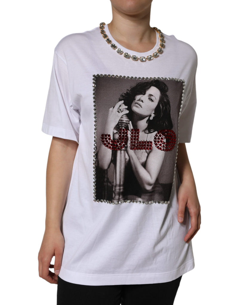 White Crystal Neckline Embellished Printed T-shirt-Dolce & Gabbana-LabelTerrace.com