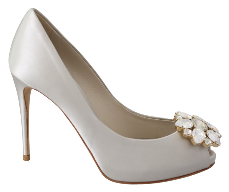 White Crystals Peep Toe Heels Satin Pumps Shoes-Dolce & Gabbana-LabelTerrace.com