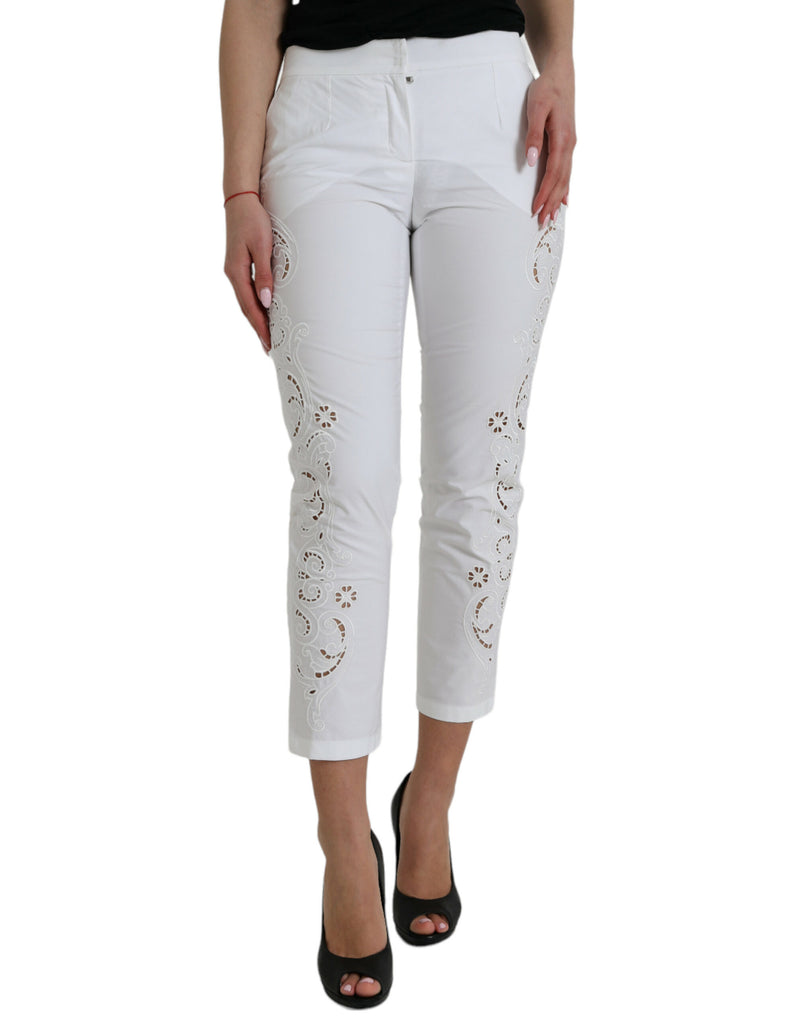 White Cut Out Cotton Mid Waist Cropped Pants-Dolce & Gabbana-LabelTerrace.com