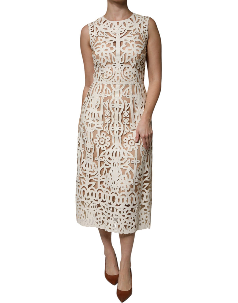 White Cut Out Leather Sleeveless Midi Dress-Dolce & Gabbana-LabelTerrace.com