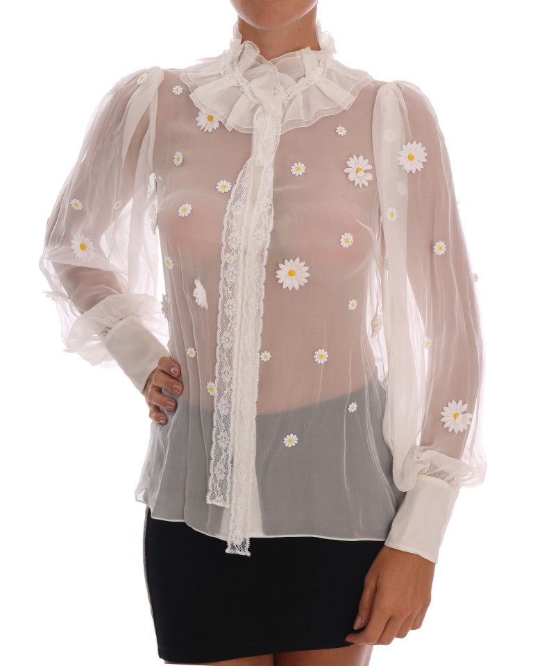 White Daisy Applique Silk Shirt-Dolce & Gabbana-LabelTerrace.com