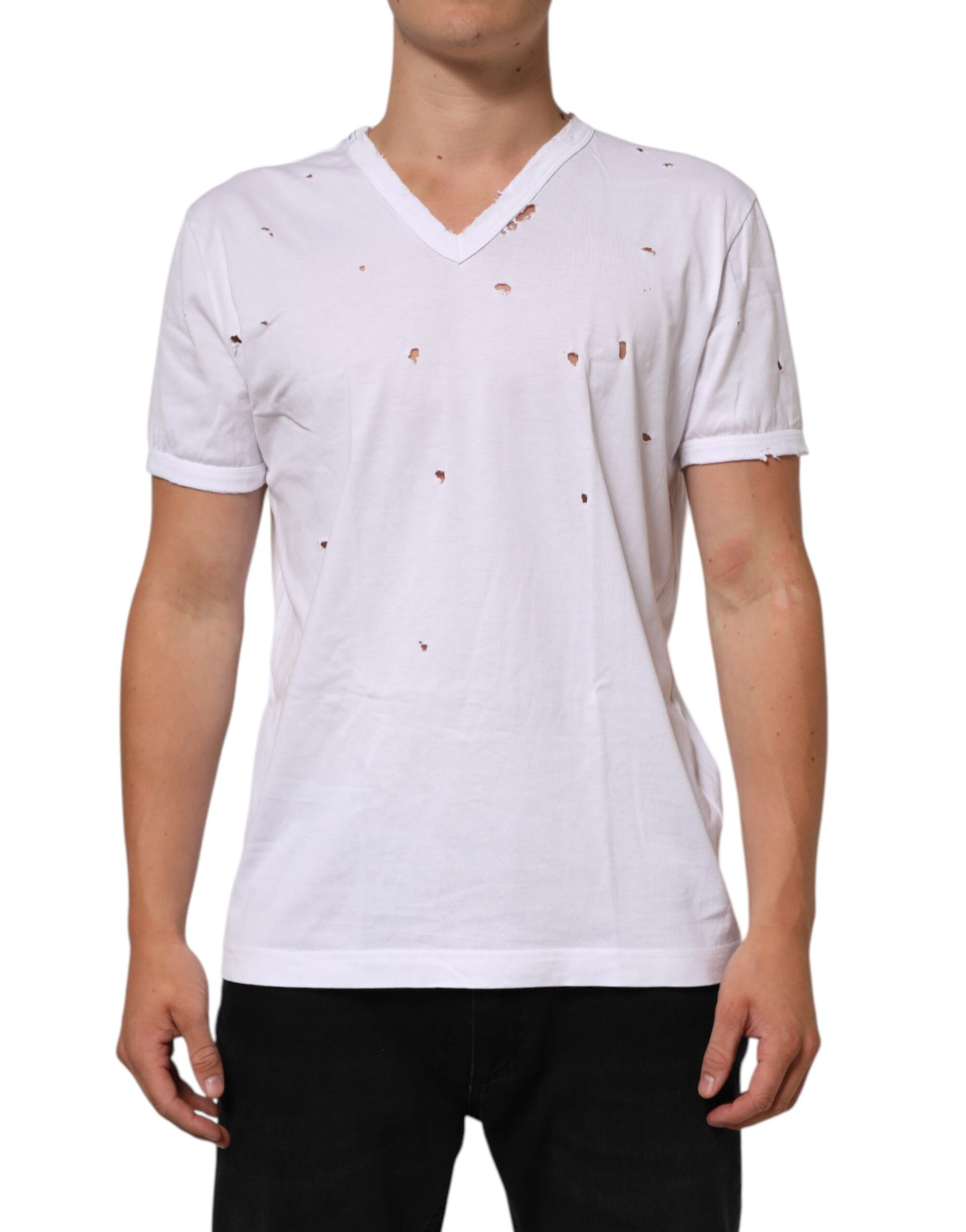 White Distressed Cotton V Neck Men T-shirt