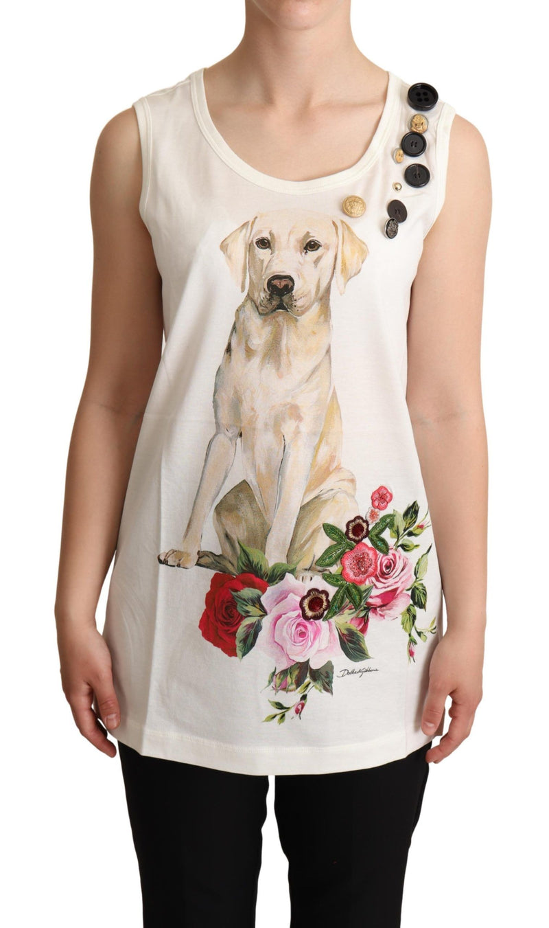 White Dog Floral Print Embellished T-shirt-Dolce & Gabbana-LabelTerrace.com