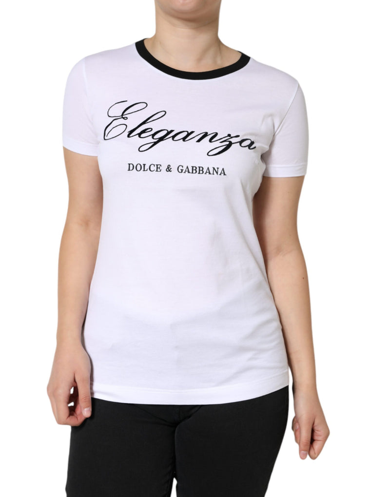 White Eleganza Print Cotton Short Sleeves T-shirt-Dolce & Gabbana-LabelTerrace.com