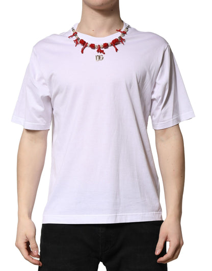 White Embellished Cotton Crew Neck T-shirt-Dolce & Gabbana-LabelTerrace.com