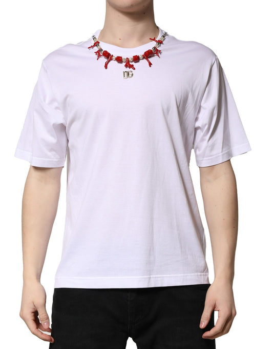 White Embellished Cotton Crew Neck T-shirt-Dolce & Gabbana-LabelTerrace.com