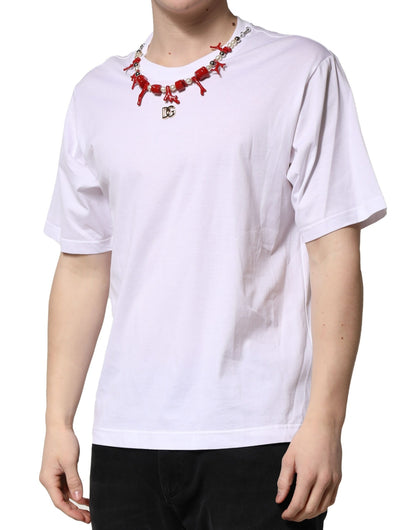 White Embellished Cotton Crew Neck T-shirt-Dolce & Gabbana-LabelTerrace.com