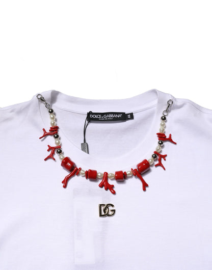 White Embellished Cotton Crew Neck T-shirt-Dolce & Gabbana-LabelTerrace.com