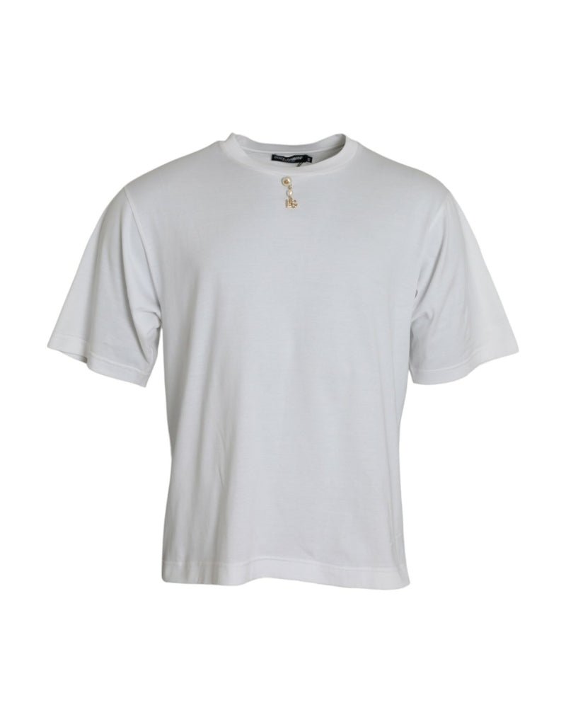 White Embellished Cotton Crew Neck T-shirt-Dolce & Gabbana-LabelTerrace.com