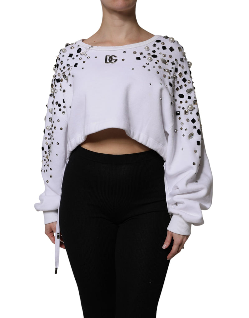 White Embellished Long Sleeve Cropped Sweater-Dolce & Gabbana-LabelTerrace.com