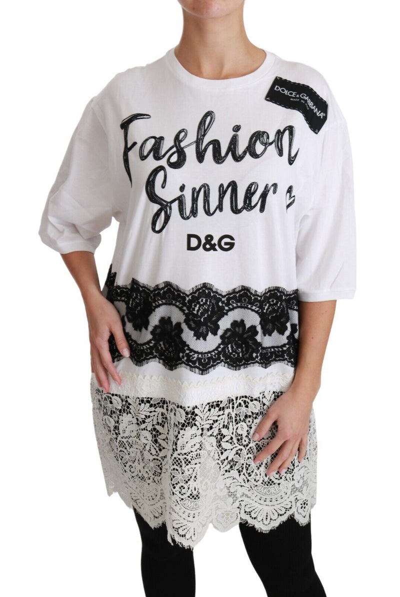 White Fashion Sinner Cotton Lace T-shirt Top-Dolce & Gabbana-LabelTerrace.com