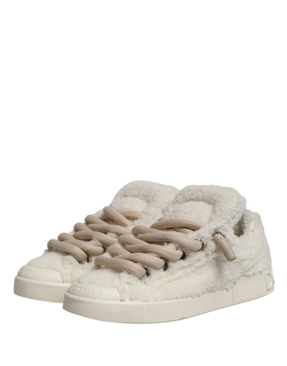 White Faux Shearling Low Top Sneakers Shoes