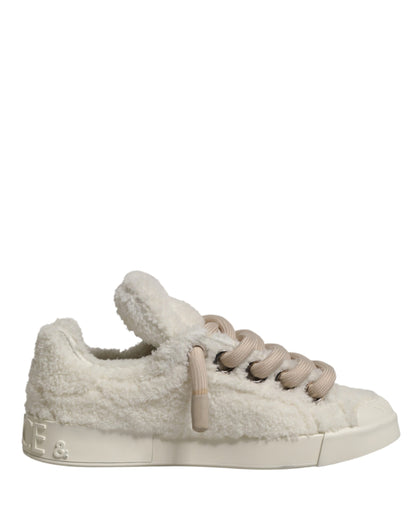 White Faux Shearling Low Top Sneakers Shoes