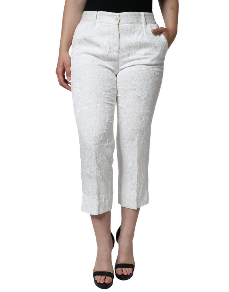 White Floral Brocade Cotton Cropped Pants-Dolce & Gabbana-LabelTerrace.com