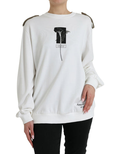 White Floral Cotton Crew Neck Pullover Sweater