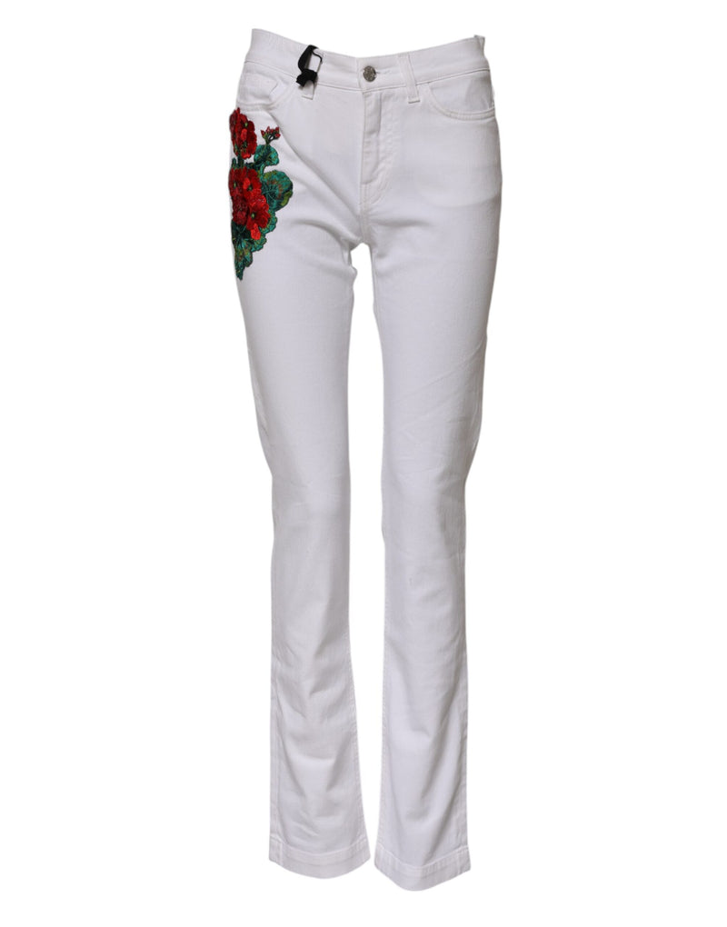 White Floral Embroidery GIRLY Denim Jeans-Dolce & Gabbana-LabelTerrace.com