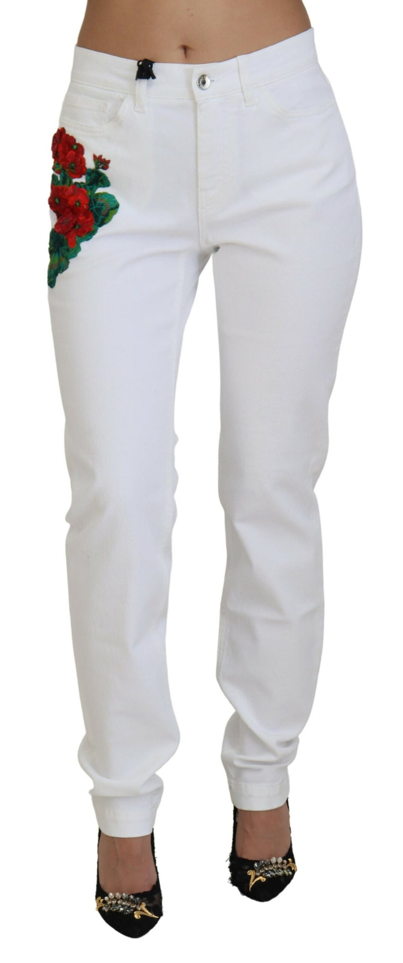 White Floral Embroidery Skinny Denim Jeans-Dolce & Gabbana-LabelTerrace.com