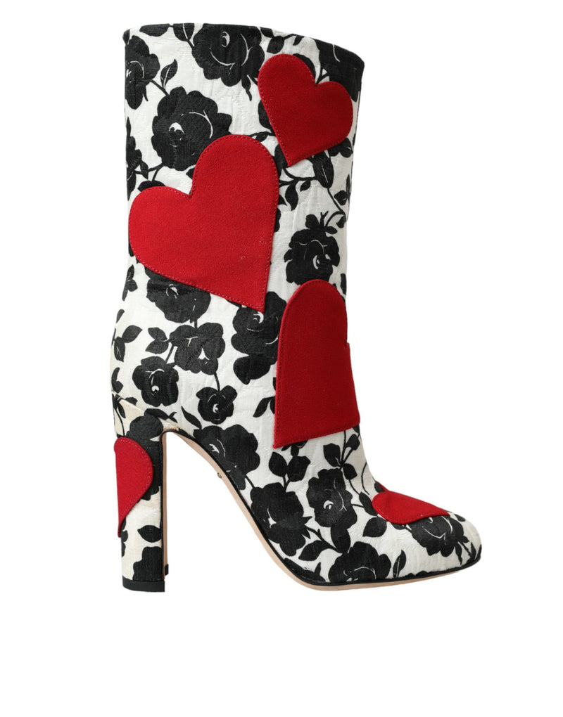 White Floral Hearts Leather High Boots Shoes-Dolce & Gabbana-LabelTerrace.com