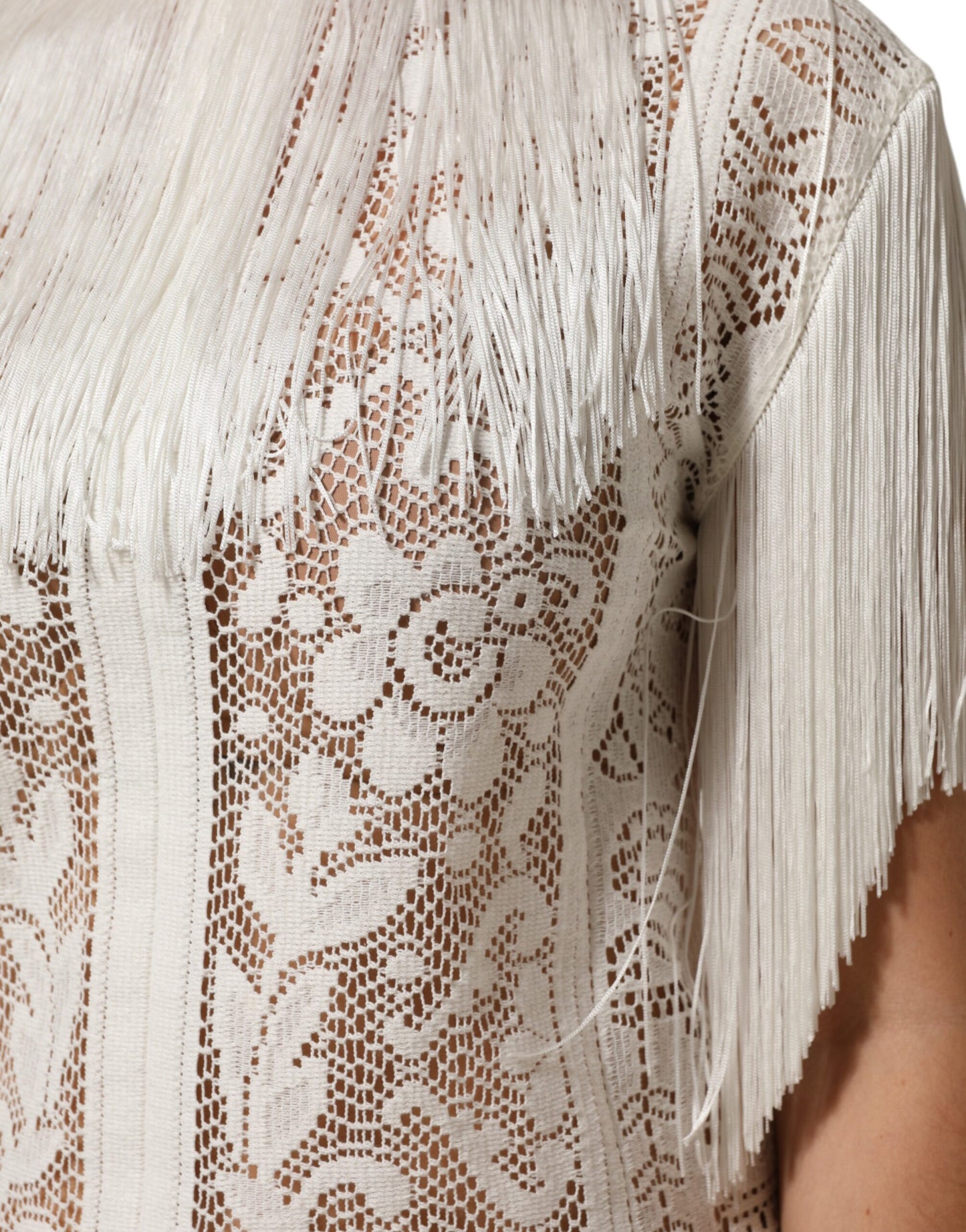 White Floral Lace Fringe Knee Length Dress