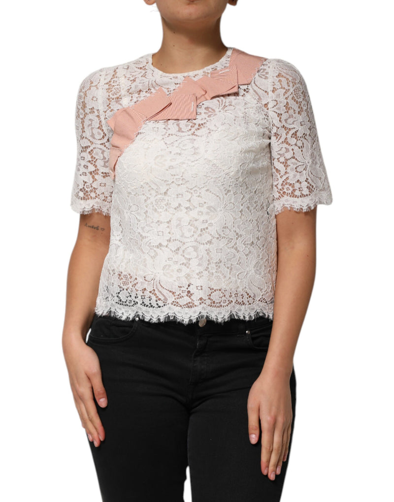 White Floral Lace Short Sleeves Blouse Top-Dolce & Gabbana-LabelTerrace.com
