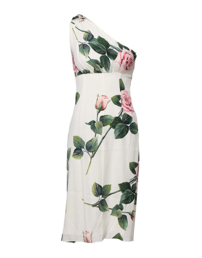 White Floral One Shoulder Sheath Midi Dress-Dolce & Gabbana-LabelTerrace.com