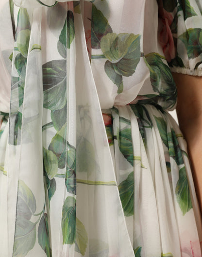 White Floral Print Silk Pleated Midi Dress