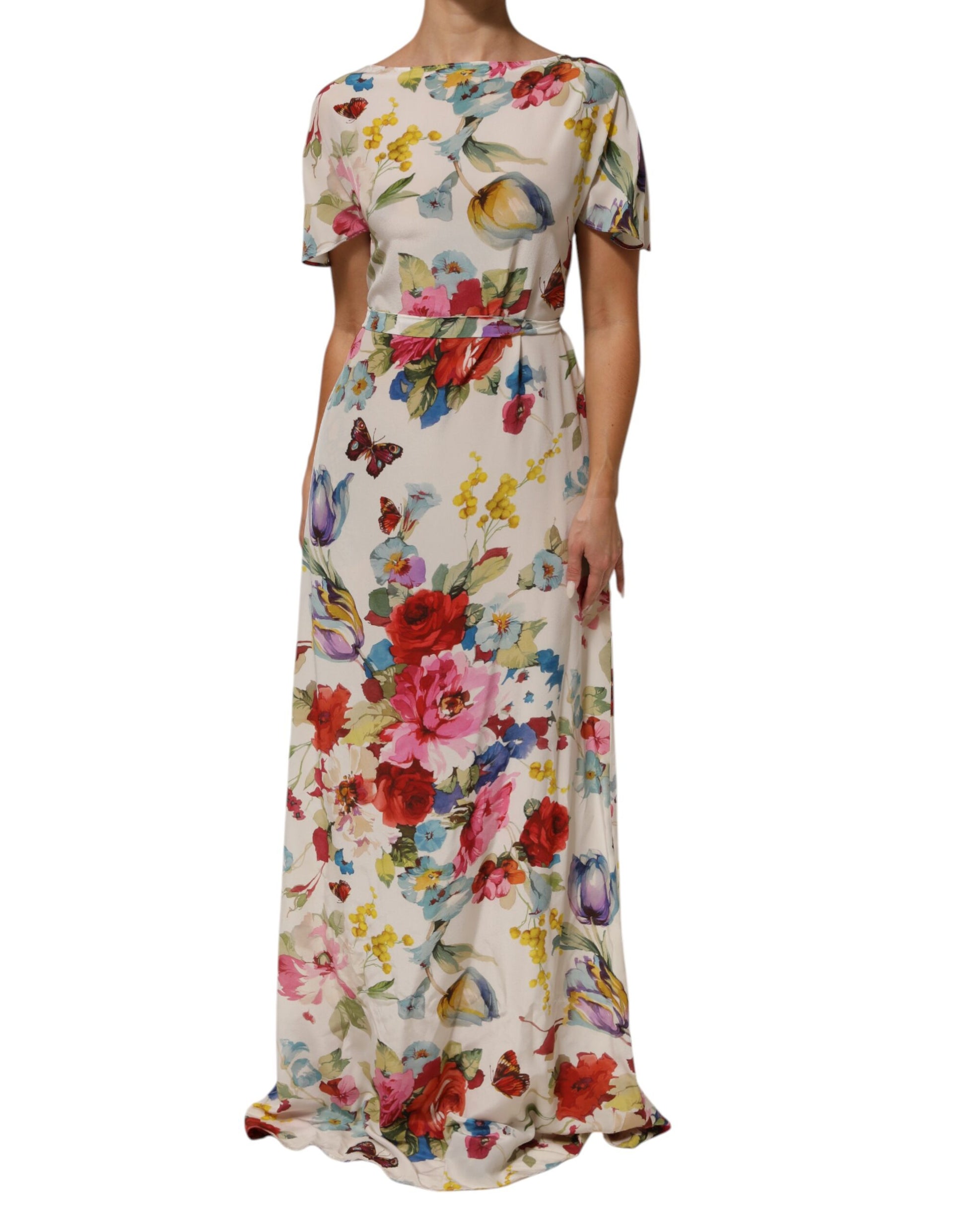 White Floral Print Silk Sheath LongGown Dress-Dolce & Gabbana-LabelTerrace.com