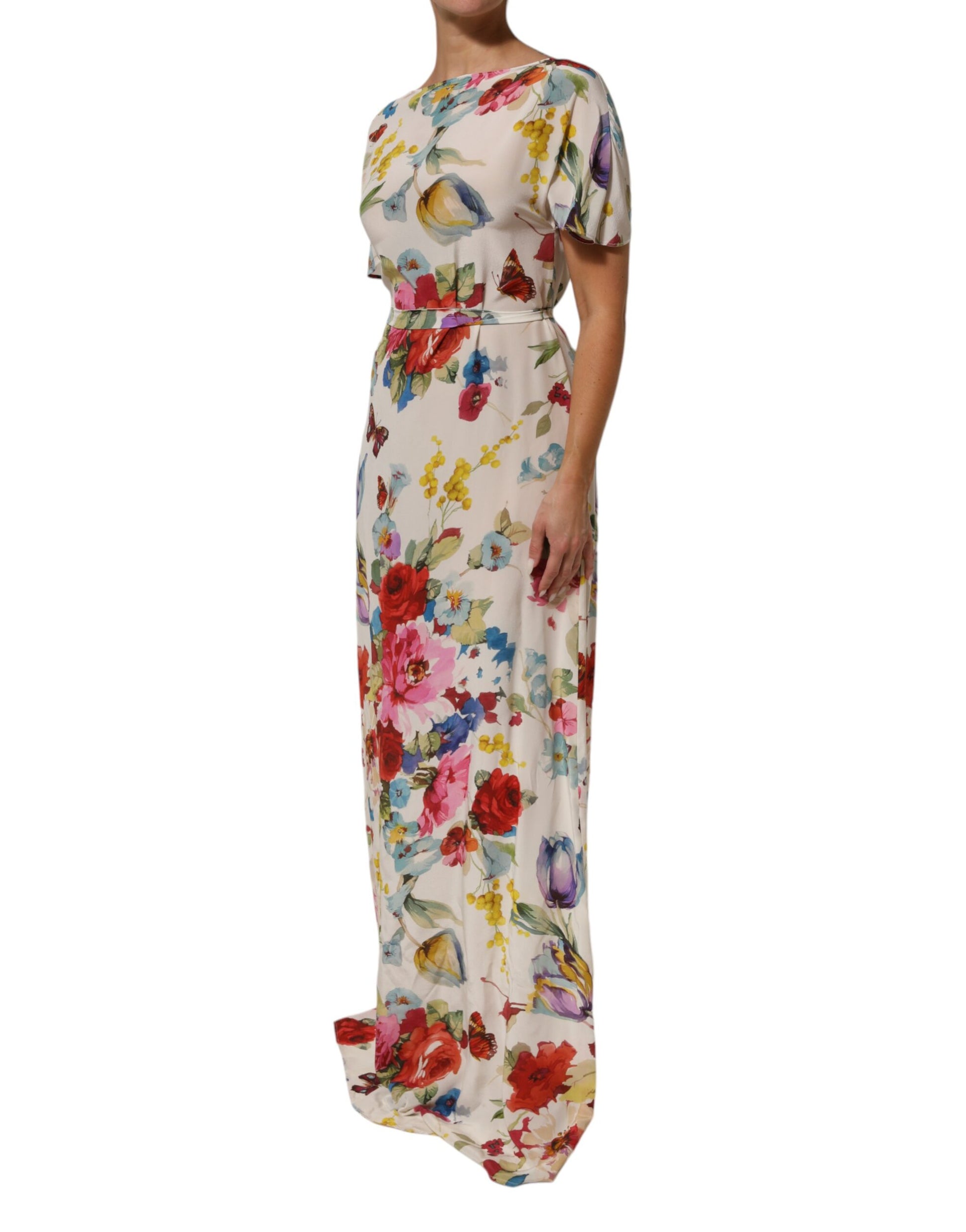 White Floral Print Silk Sheath LongGown Dress-Dolce & Gabbana-LabelTerrace.com