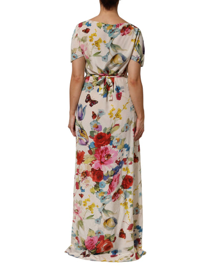 White Floral Print Silk Sheath LongGown Dress-Dolce & Gabbana-LabelTerrace.com
