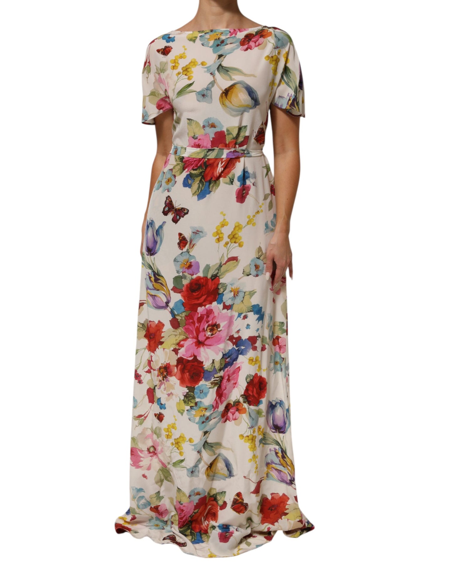 White Floral Print Silk Sheath LongGown Dress-Dolce & Gabbana-LabelTerrace.com