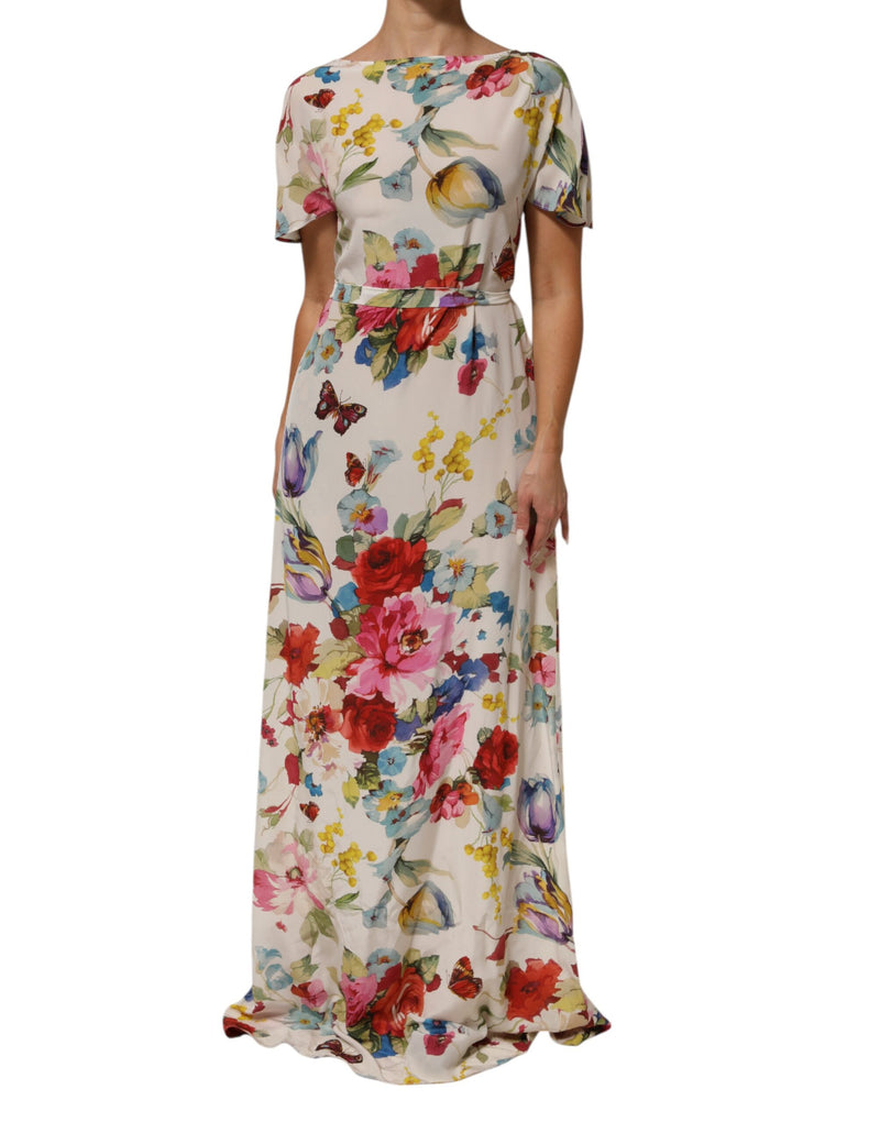 White Floral Print Silk Sheath LongGown Dress-Dolce & Gabbana-LabelTerrace.com