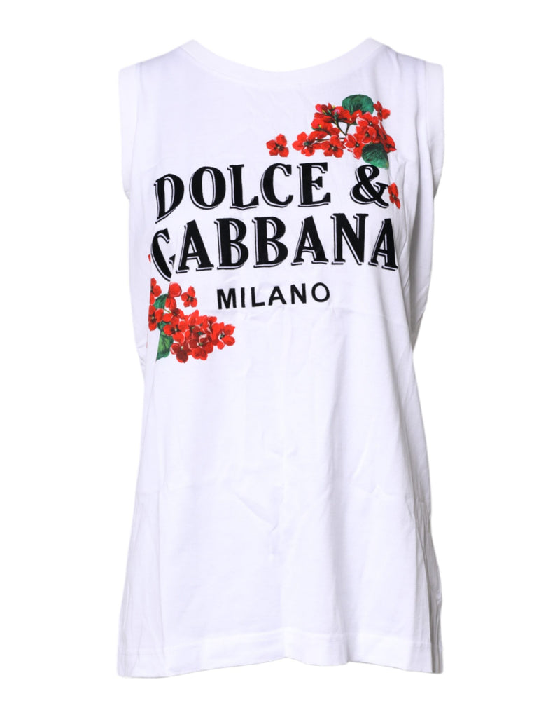 White Floral Printed Cotton Sleeveless T-shirt-Dolce & Gabbana-LabelTerrace.com
