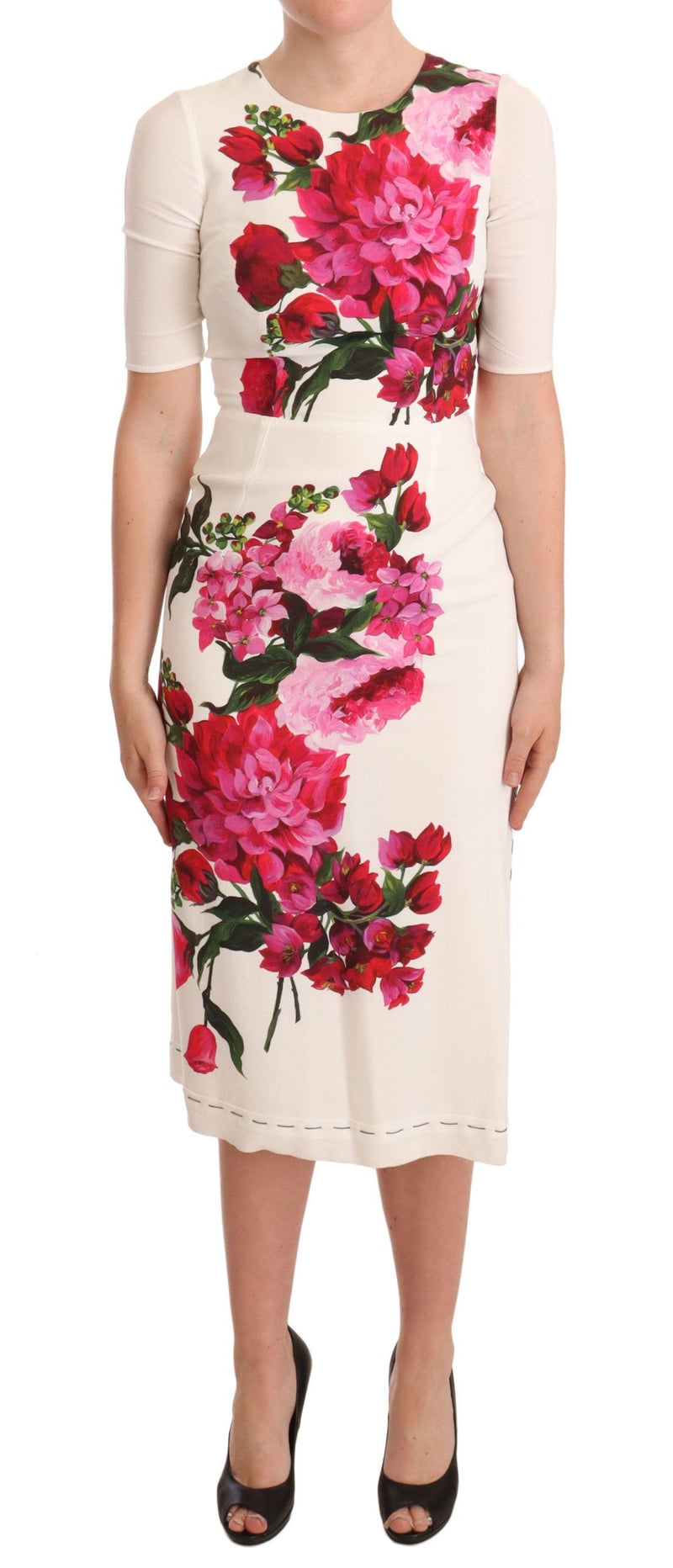 White Floral Printed Crepe Midi Slit Dress-Dolce & Gabbana-LabelTerrace.com