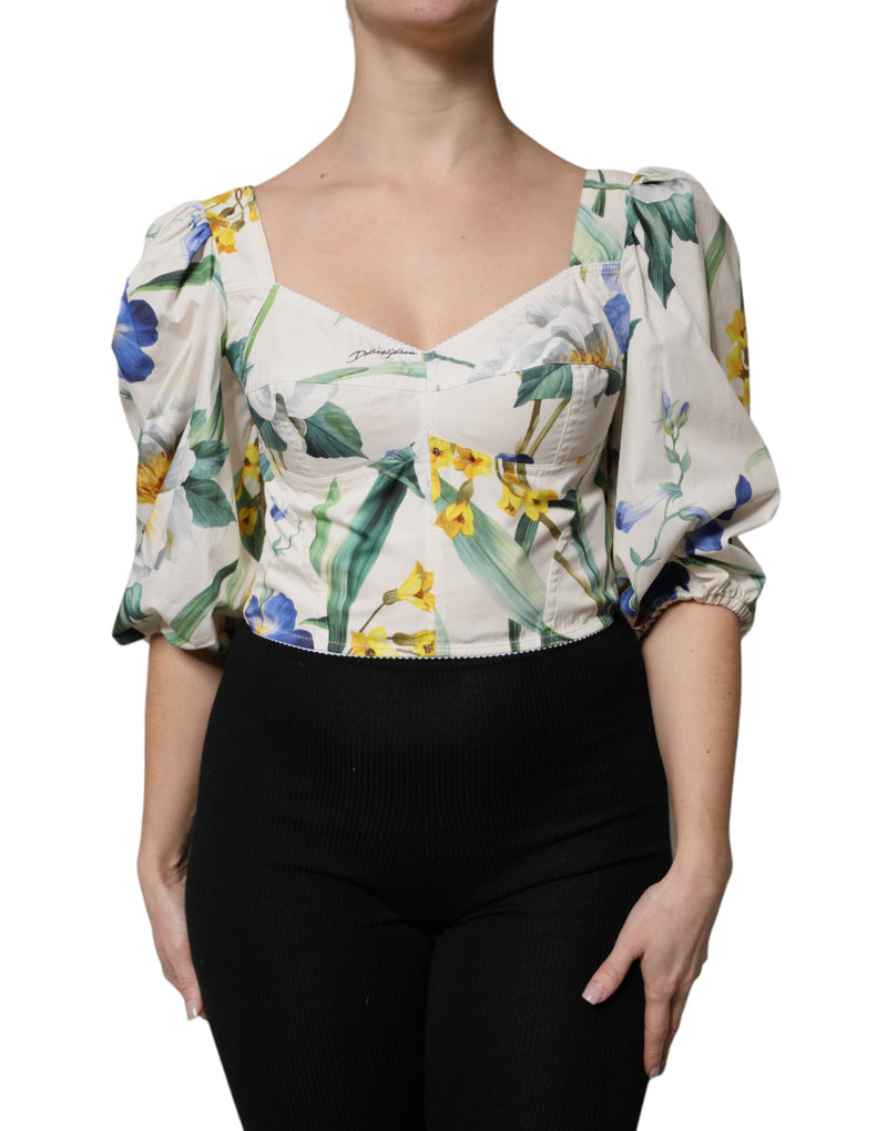 White Floral Puff Sleeves Crop Blouse Top-Dolce & Gabbana-LabelTerrace.com