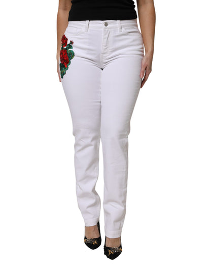 White Floral Sequined GIRLY Denim Jeans-Dolce & Gabbana-LabelTerrace.com