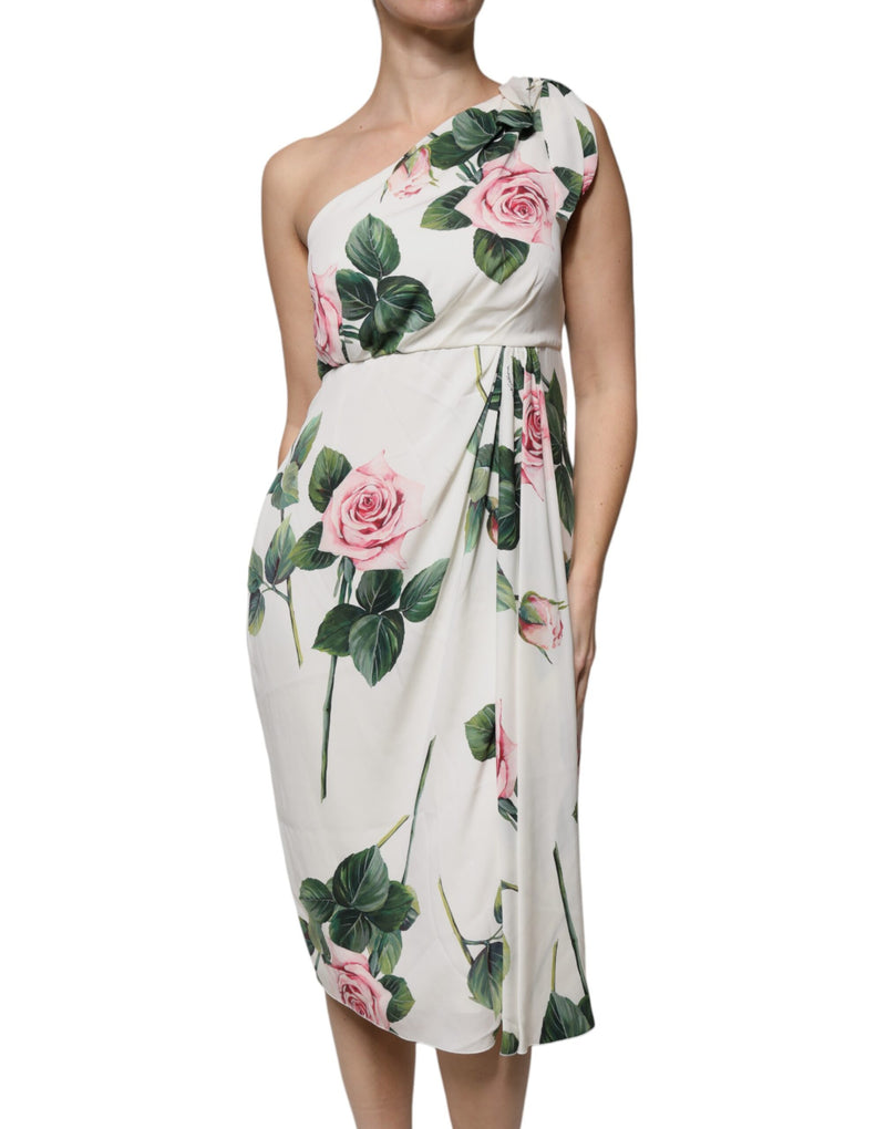 White Floral Silk One Shoulder Midi Dress-Dolce & Gabbana-LabelTerrace.com