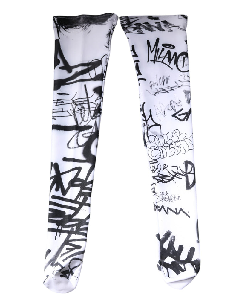 White Graffiti Cotton Over Calf Stockings Socks-Dolce & Gabbana-LabelTerrace.com