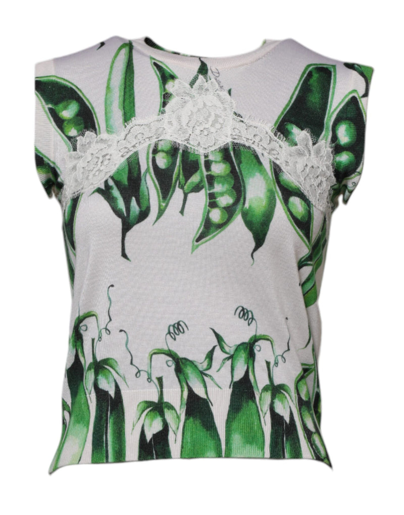 White Green Pea Print Sleeveless Blouse Top-Dolce & Gabbana-LabelTerrace.com