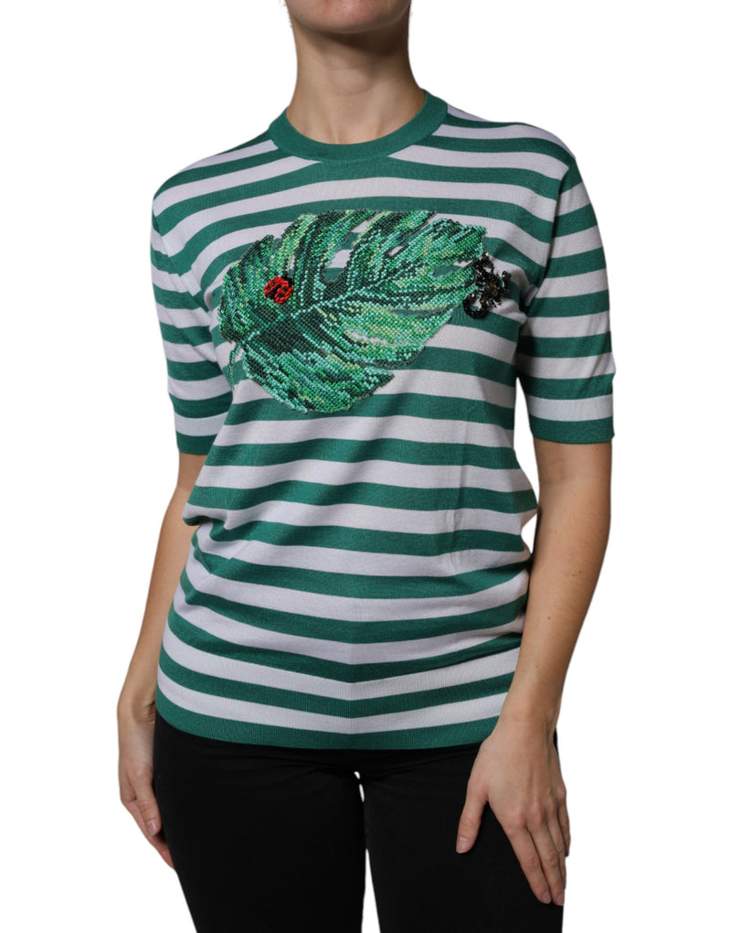 White Green Stripe Leaf Crew Neck T-shirt-Dolce & Gabbana-LabelTerrace.com