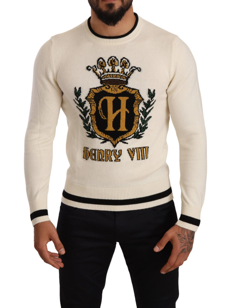 White Heraldic Cashmere Pullover Sweater-Dolce & Gabbana-LabelTerrace.com