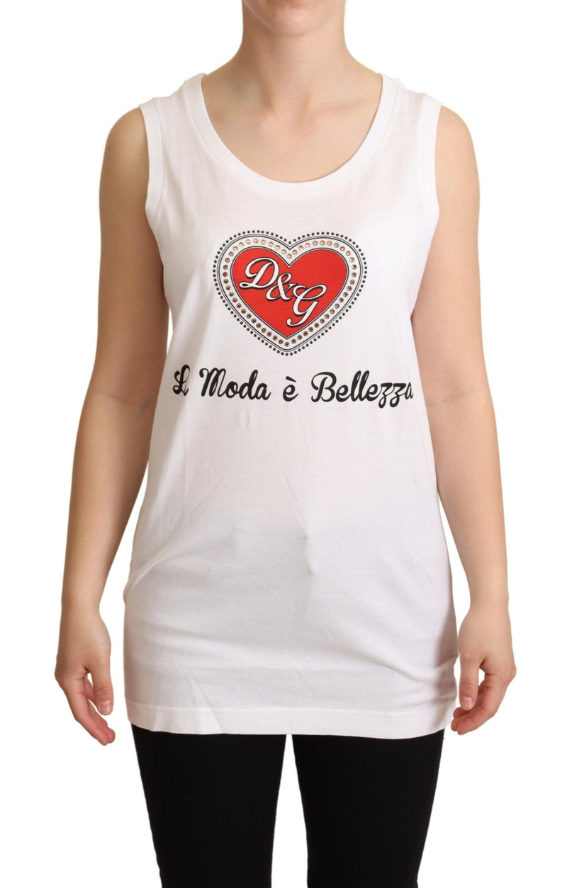 White La Moda Crystal Tank Top T-shirt-Dolce & Gabbana-LabelTerrace.com