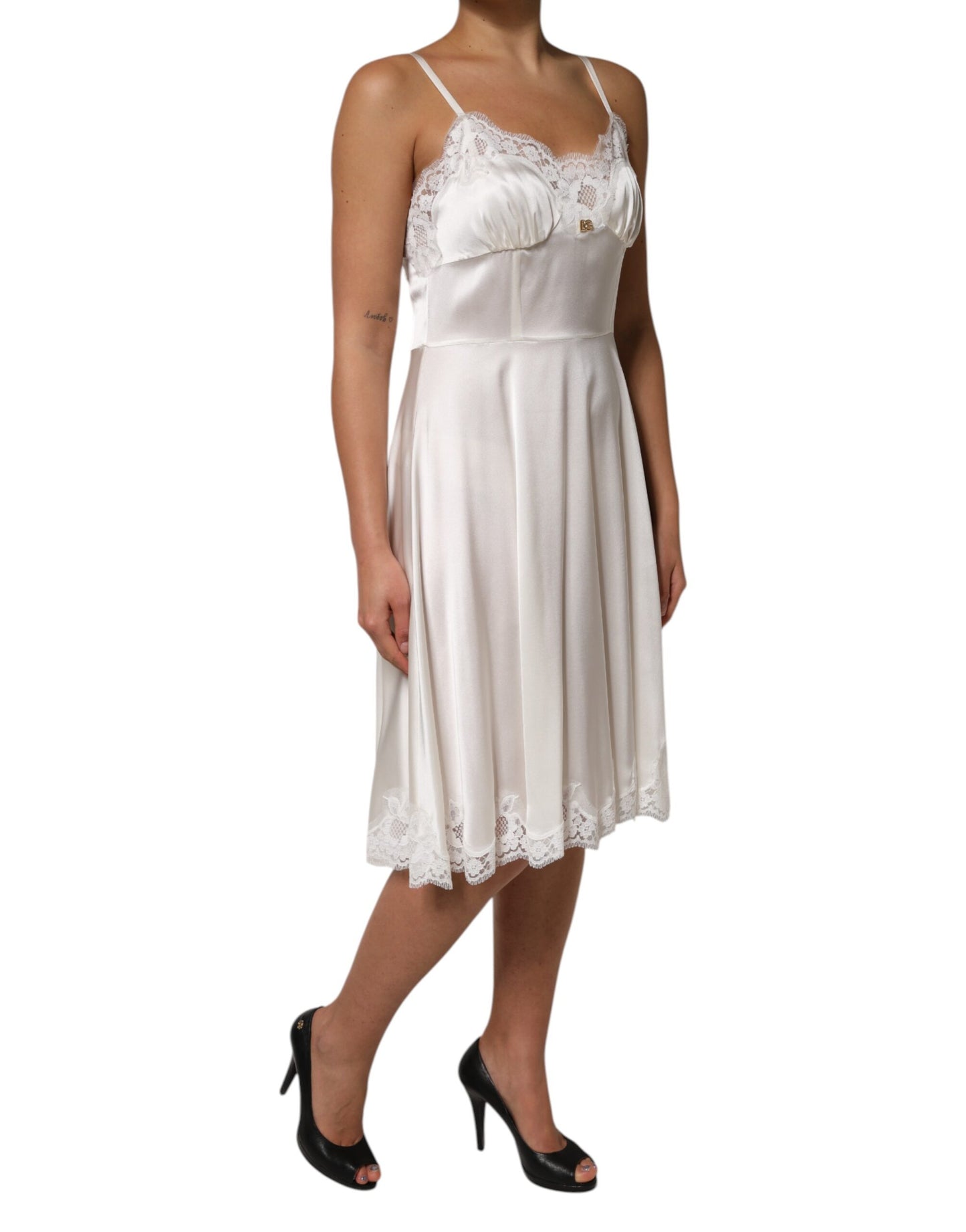 White Lace DG Logo Silk Dress Sleepwear-Dolce & Gabbana-LabelTerrace.com