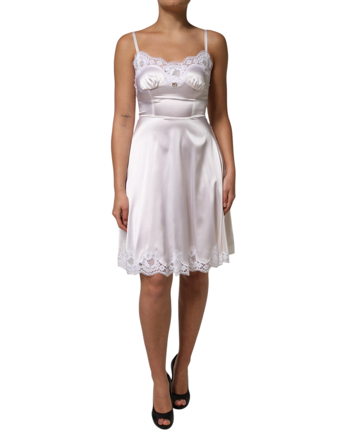 White Lace Gold DG Logo Silk Dress Sleepwear-Dolce & Gabbana-LabelTerrace.com