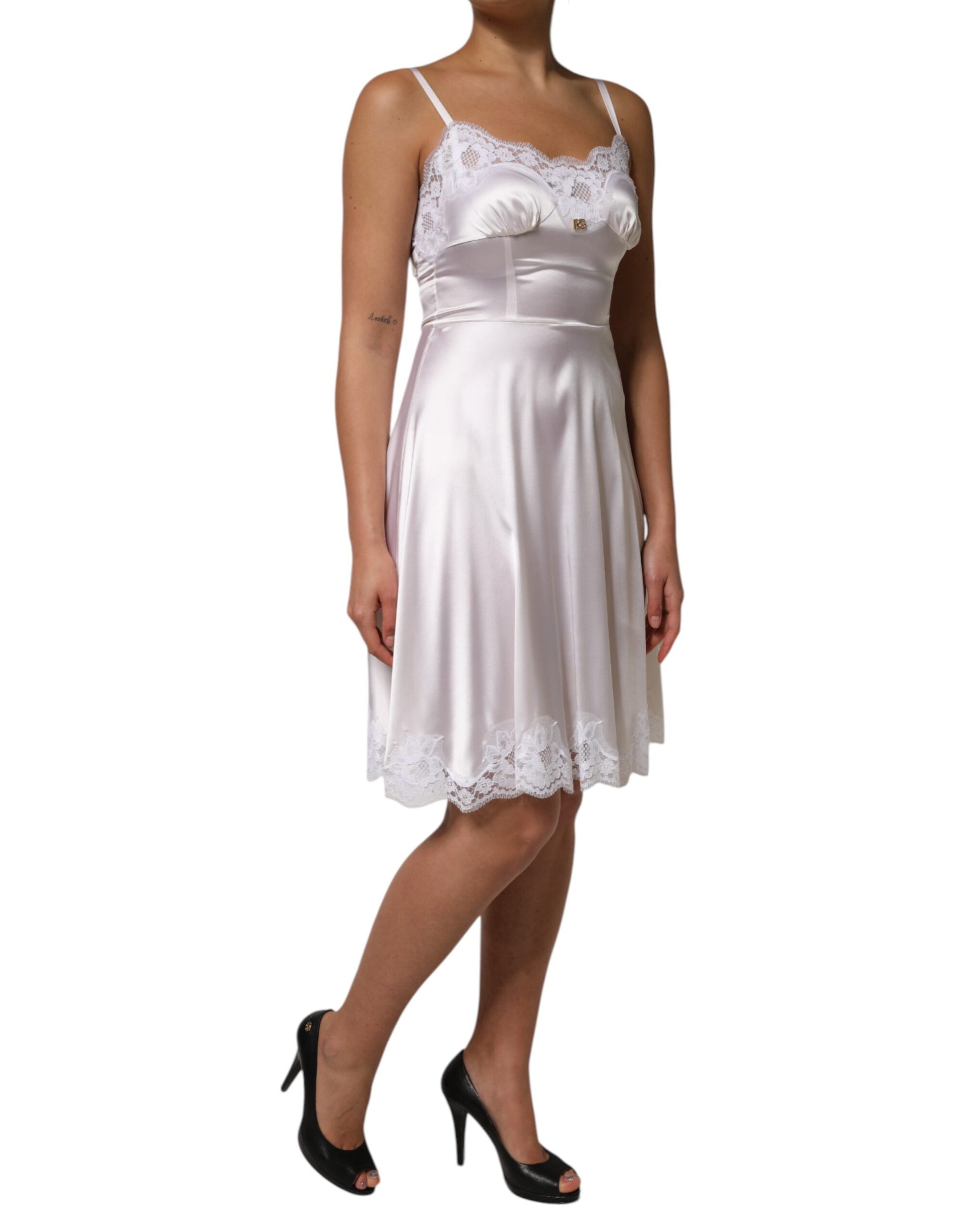 White Lace Gold DG Logo Silk Dress Sleepwear-Dolce & Gabbana-LabelTerrace.com